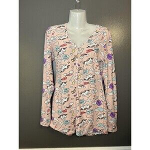 Mentally Exhausted One-piece Pajamas Womens Large Pink Unicorn Henley Drop Seat
